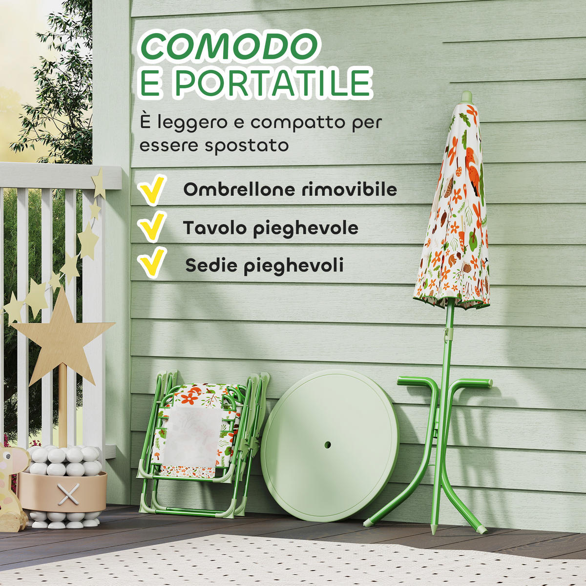GARTEN-SET, Kinder-Set für 2–5 Jahre mit Tisch und Stühlen, Grün - Multicolor, Holzwerkstoff - FORIOUS