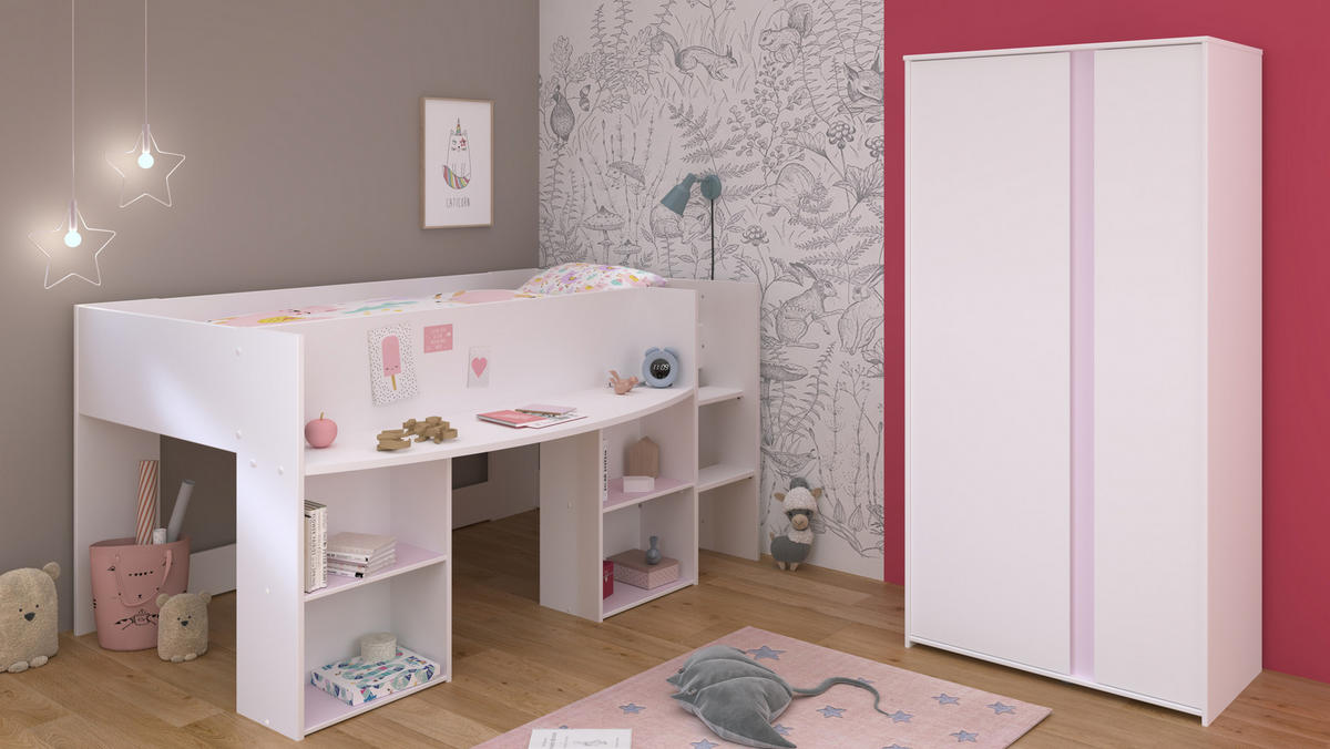 JUGENDZIMMER Pirouette 14 in Weiß mit Rosa oder Kieselgrau 2 teilig mit Hochbett - Weiß, Holzwerkstoff (120/200/80cm)