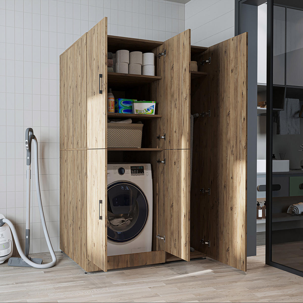 WASCHMASCHINENSCHRANK DORA-II 115cm Breit, 186cm Hoch - Eichefarben, Holzwerkstoff (115/186/73.8cm)