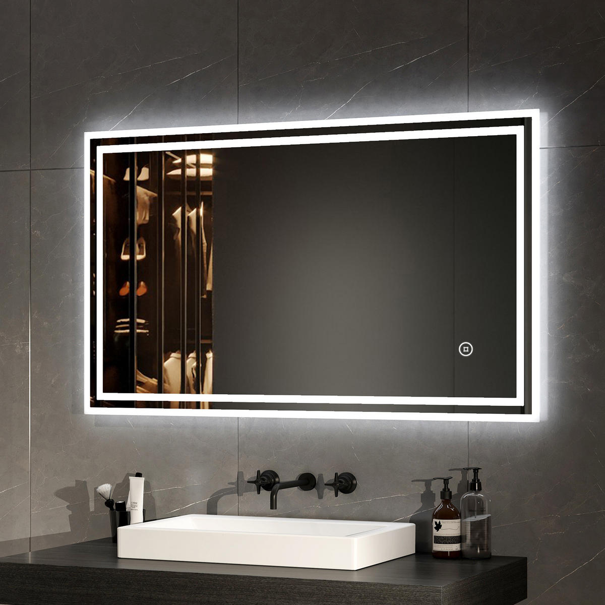BADSPIEGEL mit Antibeschlag Beleuchtung Touch-Schalter 100/60/3,5 cm - Weiß, Glas (60/3.5/100cm) - EMKE