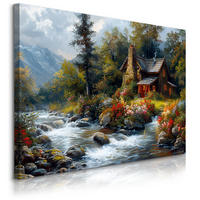 LEINWANDBILD Berghütte Pflanzen Natur Landschaft 90cm x 60cm - Blau/Beige, Textil (90/60cm) - Muralo