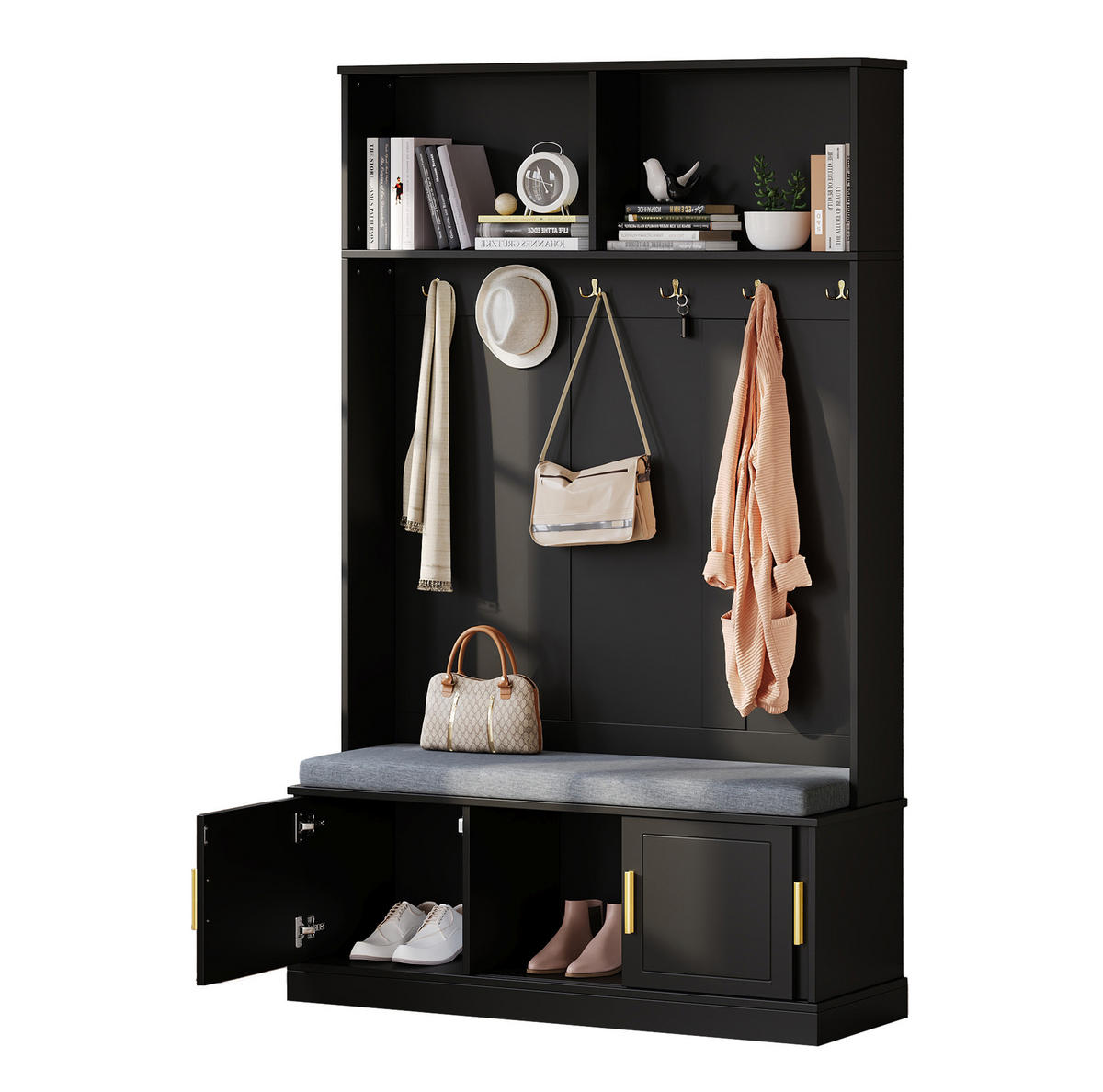 STANDGARDEROBE 120/40/191 cm in Schwarz mit 6 Haken, Sitzbank und Schuhablage - Schwarz, Holzwerkstoff (40/191/120cm) - BEAOK