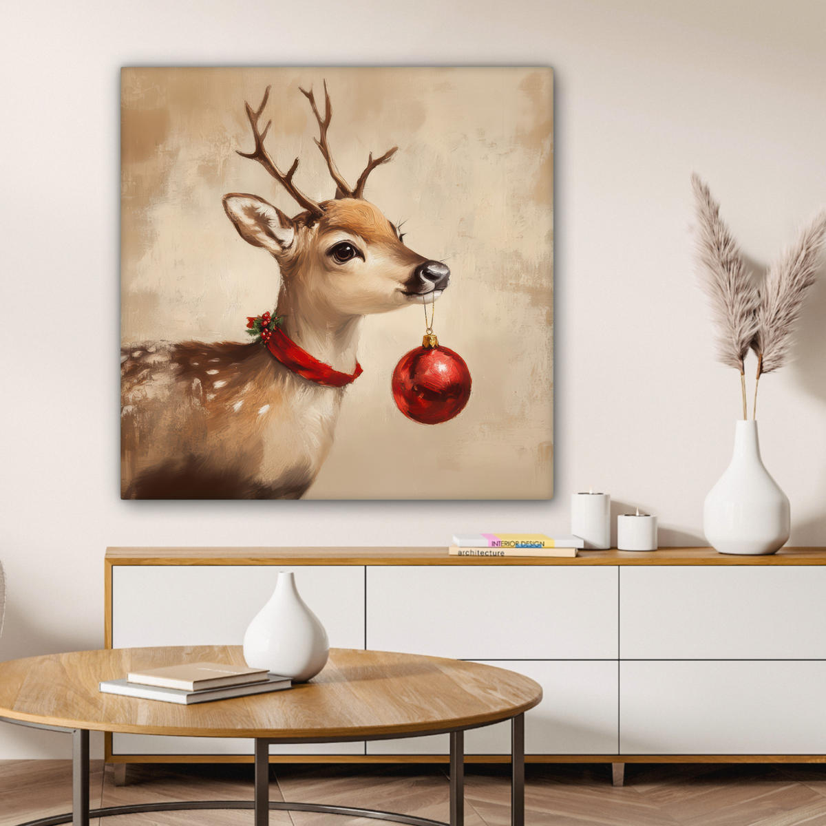 LEINWANDBILD Weihnachten - Hirsch - Geweih - Weihnachtskugel - Rentier 90x90 cm - Hellbraun, Textil (90/90cm) - MuchoWow