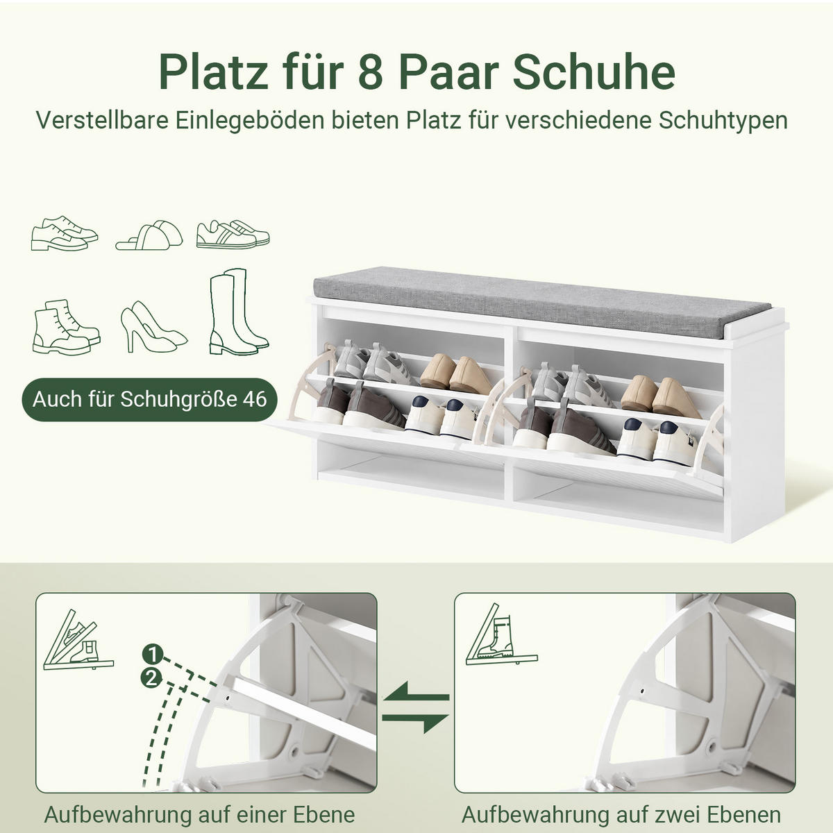 SCHUHBANK Weiß, 100 x 46 x 26 cm, 2 Klappen für ca. 8 Paar Schuhe, bis 158 kg, abnehmbares Sitzpolster, Filzgleiter - Weiß, Holzwerkstoff (100/46/26cm) - SoBuy