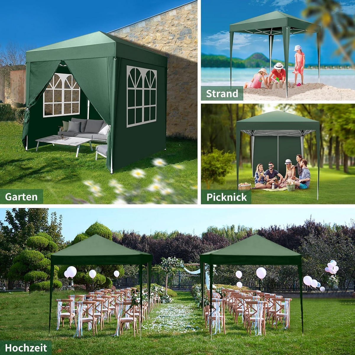 FALTPAVILLON 2 x 2 m Grün UV-Schutz 50+ Wasserdicht Höhenverstellbar mit 4 Seitenteilen - Grün, Textil (200/255/200cm)