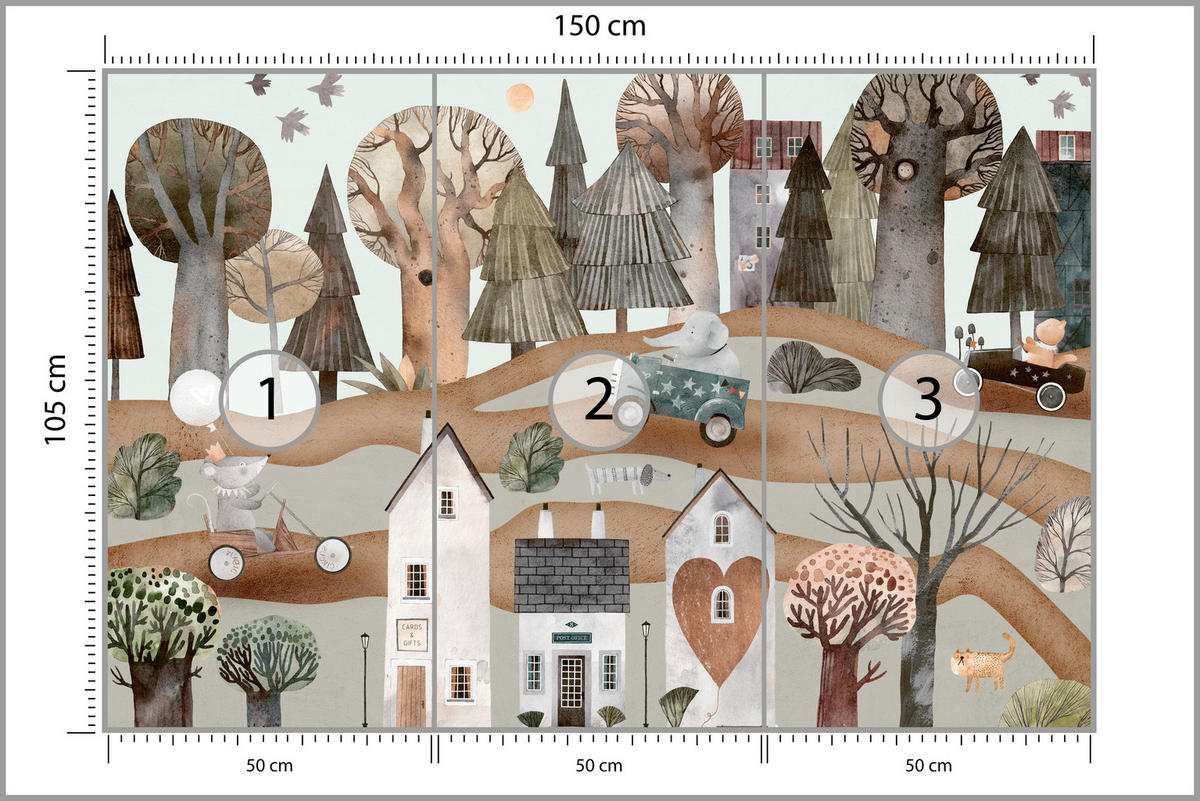 FOTOTAPETE für Kinderzimmer Fantastische Stadt Häuser Wald Tiere Autos 150x105 - Beige/Braun, Papier (150/105cm) - Muralo