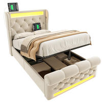SAMT-POLSTERBETT 90/200 cm mit LED-Beleuchtung, Bettkasten und USB/Type-C - Beige, Textil (90/200cm) - BEAOK