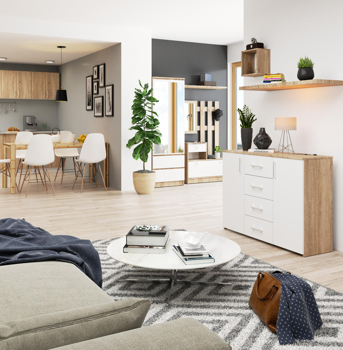 KOMMODE Eiche Sonoma, Weiß 80/110/35 - Weiß, Holzwerkstoff (110/80/35cm) - RAUMHIRSCH FURNITURE