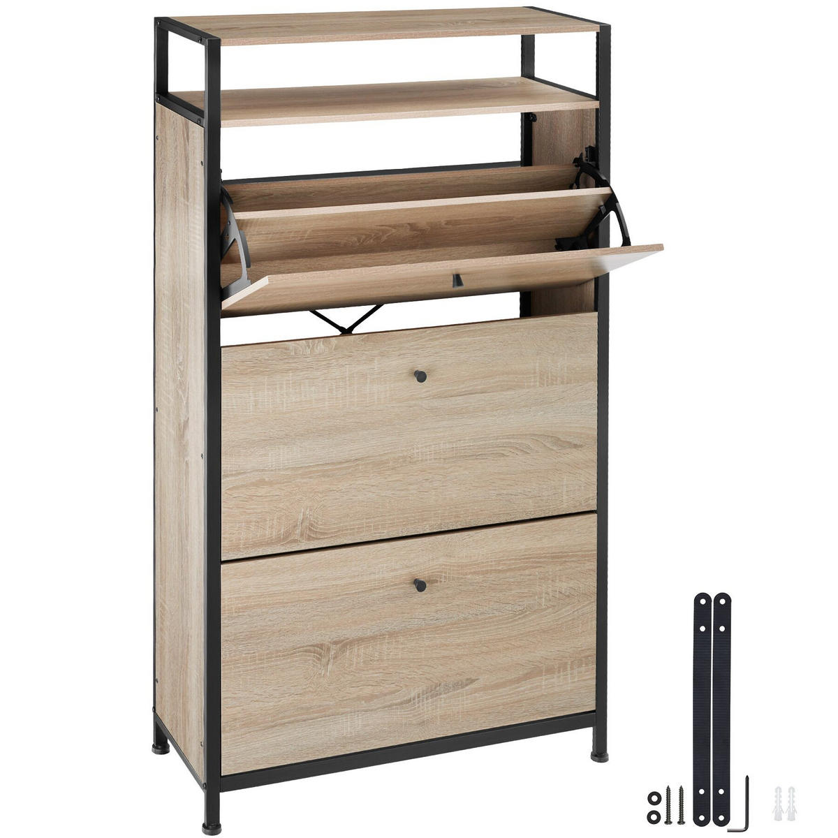 SCHUHSCHRANK Braddock,inklusive Kippschutz, 61 x 32 x 130 cm,Industrial Holz hell, Eiche Sonoma - Naturfarben, Holzwerkstoff (32/130/61cm) - tectake