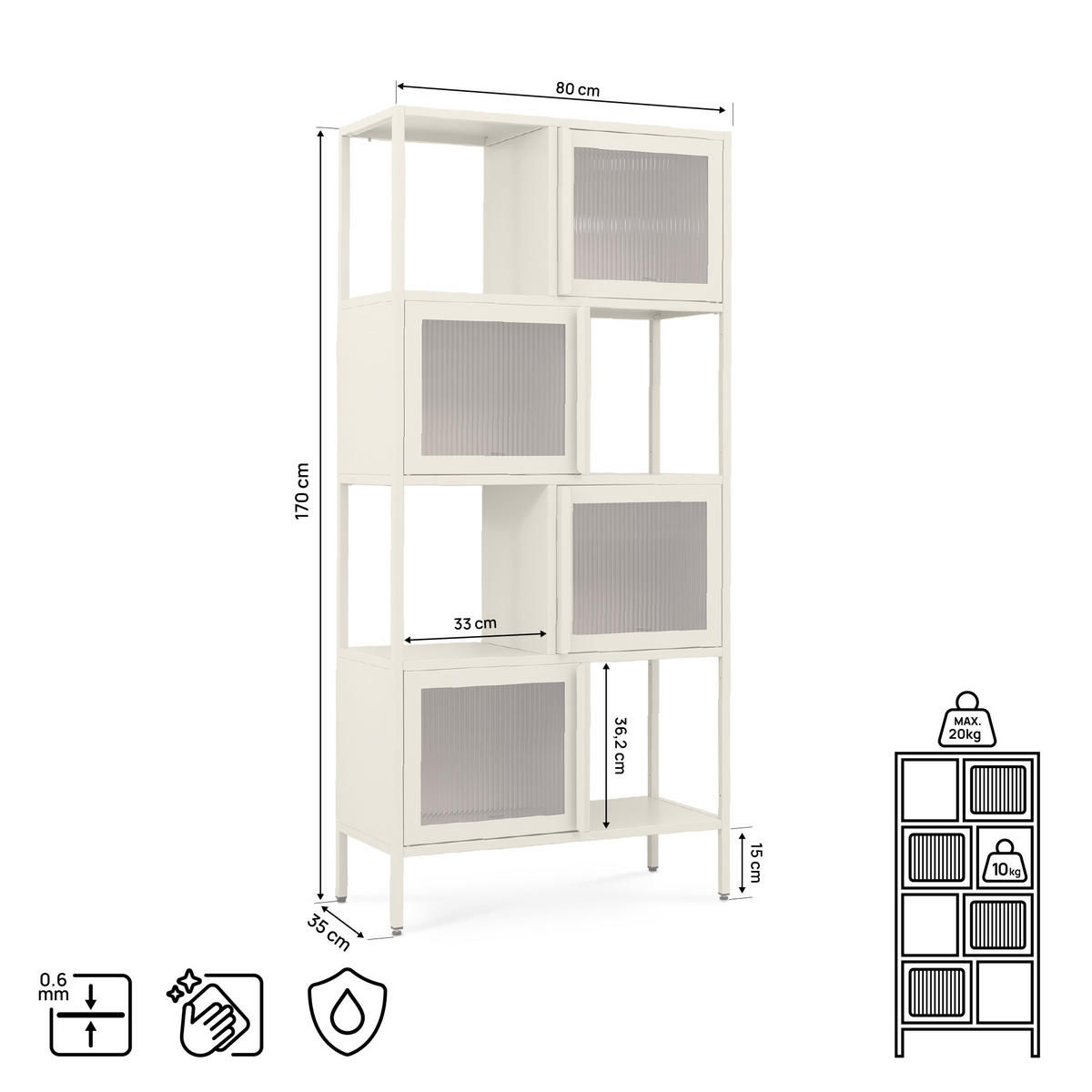 METALLREGAL industriell, 170 cm hoch, 4 Türen, 4 Fächer, beige und geriffeltes Glas - Beige, Metall (80/170/35cm) - Sicaan