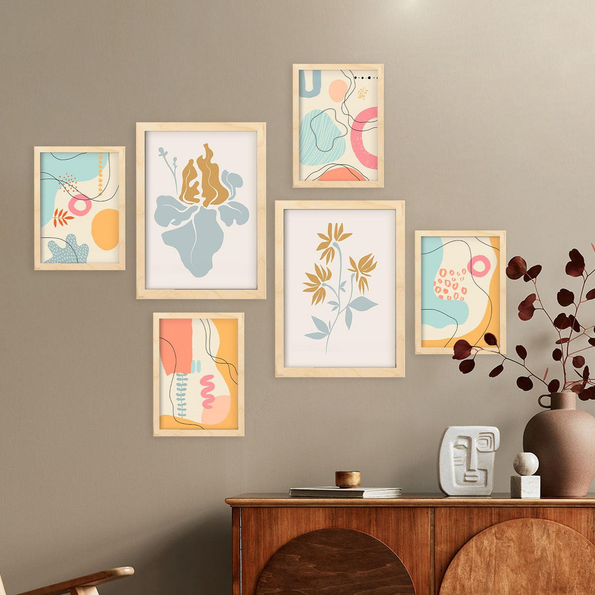 POSTER Set Mit 6 Ethikstile 2 In Blume Zusammenfassung Ästhetische Dekorative Gemälde Für Ihr Wohnzimmer Zuhause A3 & A4 Rahmen Aus Hellem Holz - Beige, Papier (29/3cm) - Nacnic