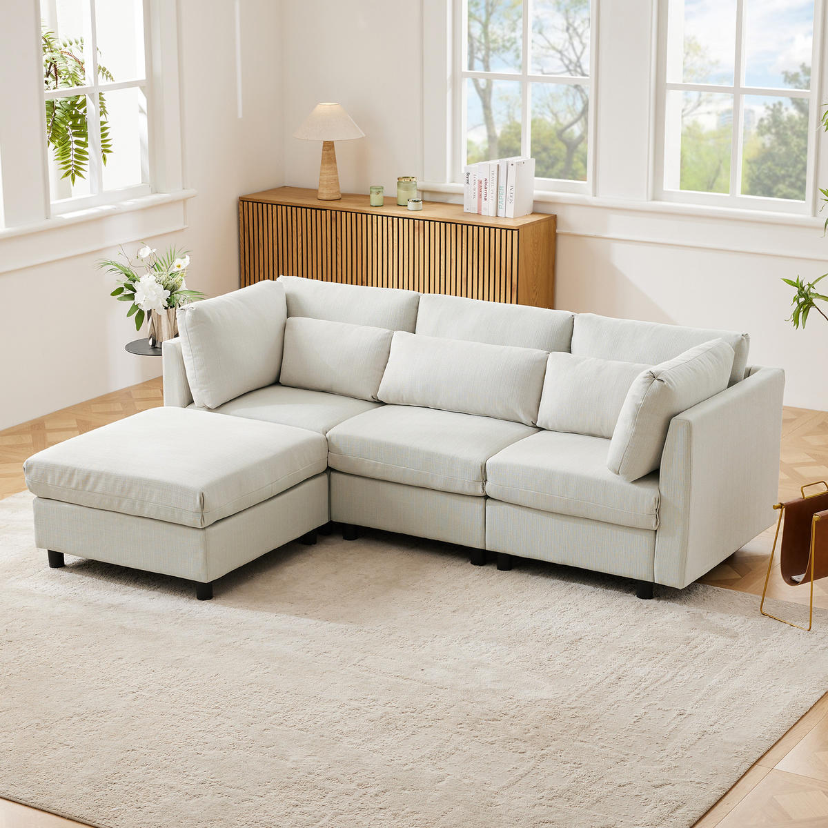 ECKSOFA L-Form Dreisitzer mit Fußhocker Modern Polster Beige - Beige, Holz (76/76cm) - FLIEKS