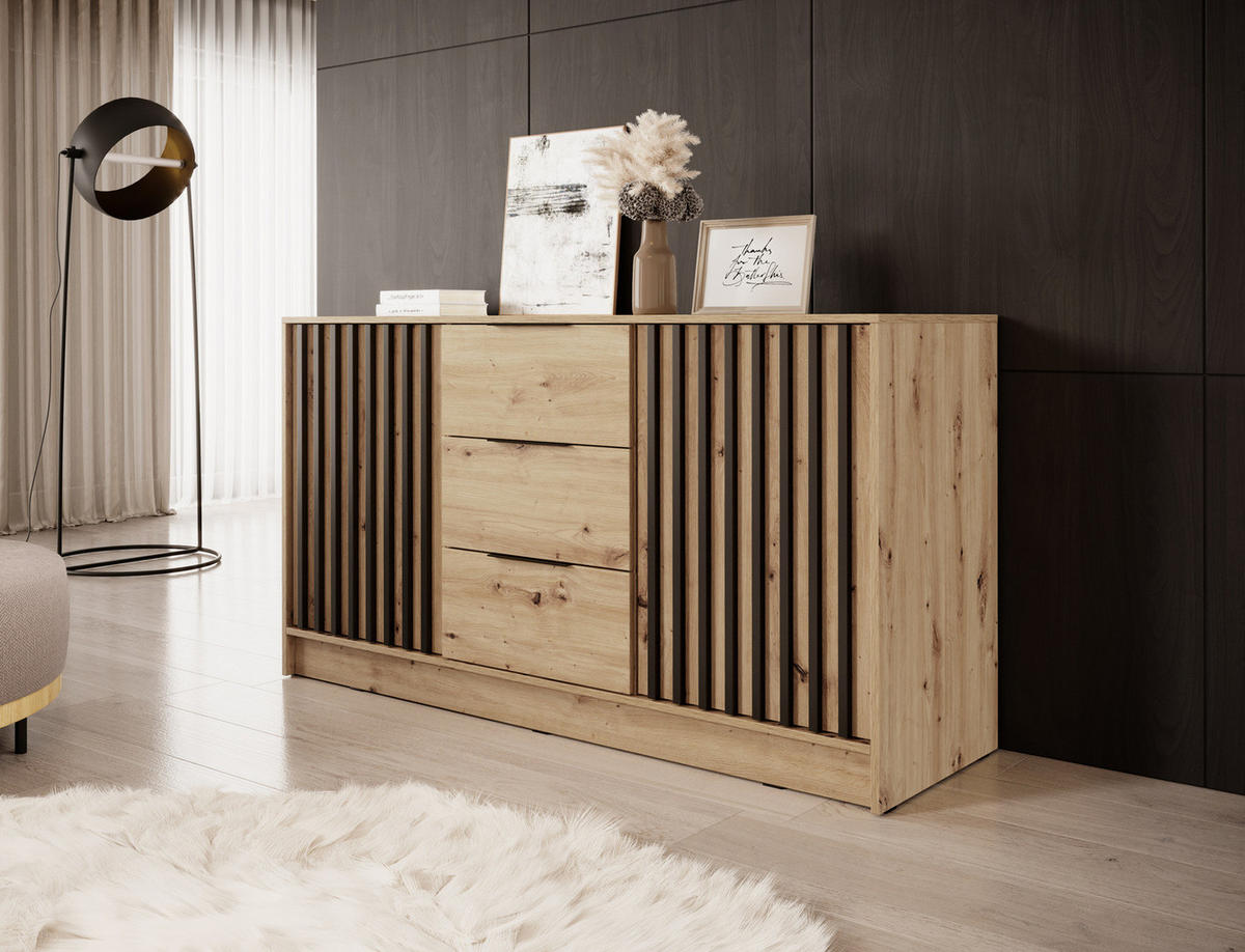 KOMMODE Stilo 155 cm in Artisan-Eiche + schwarze Lamellen - Schwarz/Eiche Artisan, Holzwerkstoff/Kunststoff (155/86/45cm) - Ravio