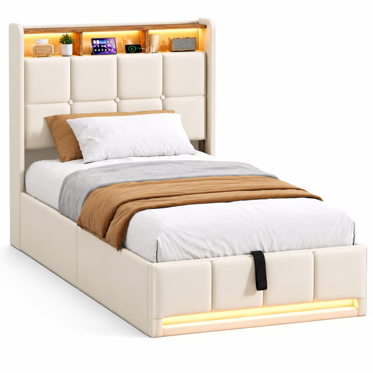 POLSTERBETT 90/200 cm mit großem Hydraulikbettkasten, gepolstertem Ablagekopfteil mit RGB-LED & USB - Beige, Holz/Metall (90/200cm) - Joyfair