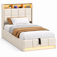 POLSTERBETT 90/200 cm mit großem Hydraulikbettkasten, gepolstertem Ablagekopfteil mit RGB-LED & USB - Beige, Holz/Metall (90/200cm) - Joyfair