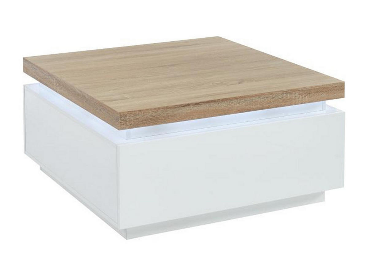 COUCHTISCH mit 2 Schubladen & LEDs - MDF lackiert - Weiß & Eichefarben - HALO II - Naturfarben, Holz (90/90/45cm) - Vente-Unique