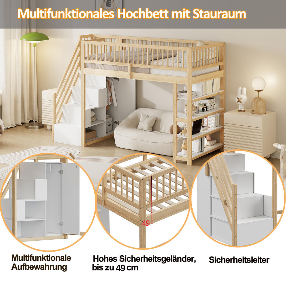 HOCHBETT 90/200 cm mit Kleiderschrank, Regalen und Sicherheitsleiter, farbe - Naturfarben, Holzwerkstoff (90/200cm) - Redom