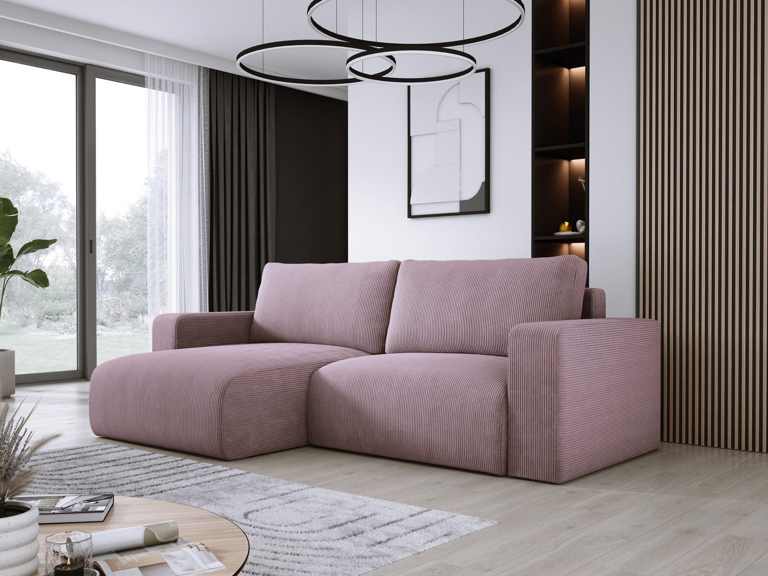ECKSOFA Carl L-förmig Schlaffunktion und Bettkasten weicher Cordstoff flexibel stellbar lose Rückenkissen freistehend LINKS 143x247x83cm Light rose - Hellrosa, Holz/Textil (143/247cm) - DomoHome