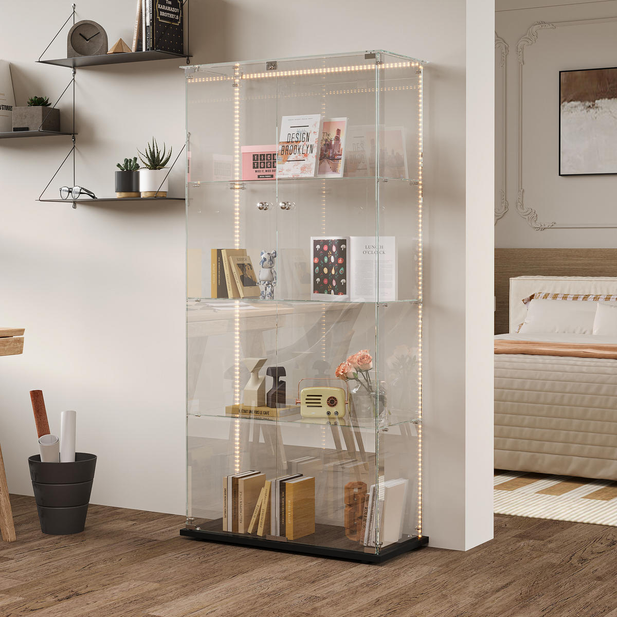 GLASVITRINE 78x35x163 cm 2 Türen 4 Einlegeböden LED schwarz - Schwarz, Holz (78.5/163/35cm) - Fortuna Lai