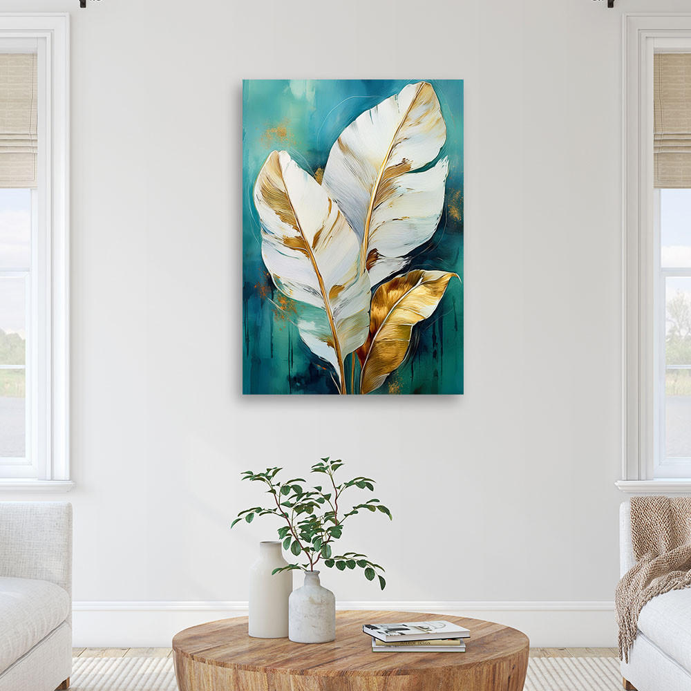 LEINWANDBILD Weiße und goldene Blätter auf türkisfarbenem Hintergrund 80x120cm - Türkis, Textil (80/120cm) - Feeby
