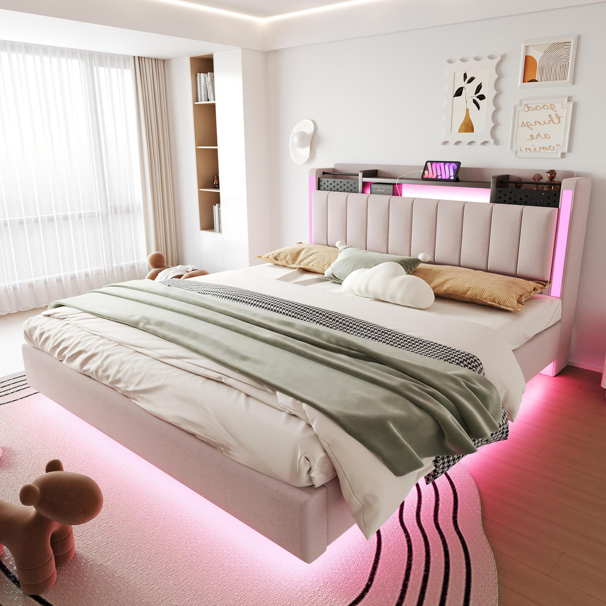 POLSTERBETT 160/200 cm beige aus Leinenstoff mit LED und USB-Anschluss mit Stauraum - Beige, Textil (160/200cm) - OKWISH