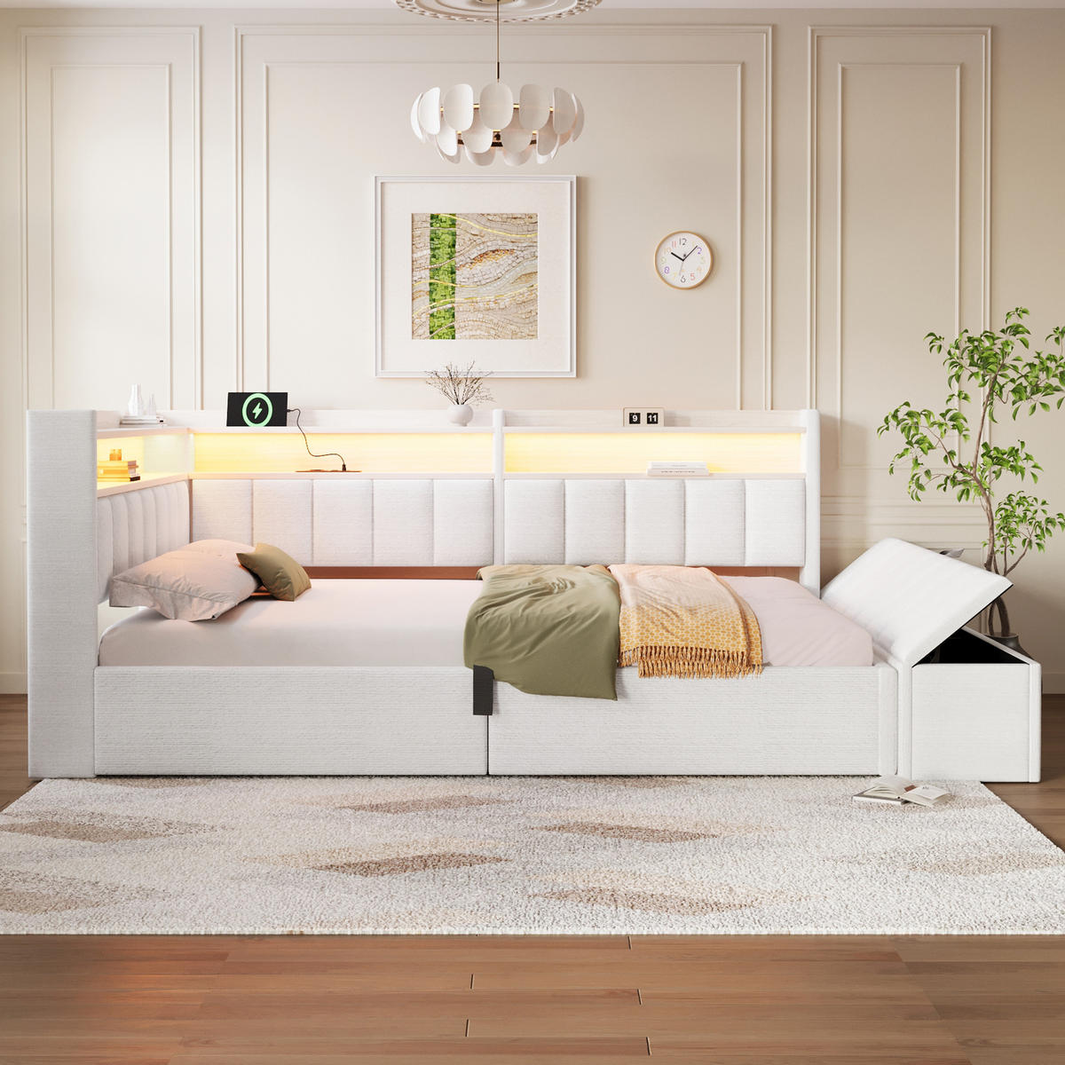 TAGESBETT 140 x 200 cm, Cremeweiß, Samt, LED, USB - Beige, Textil (140/200cm) - FLIEKS