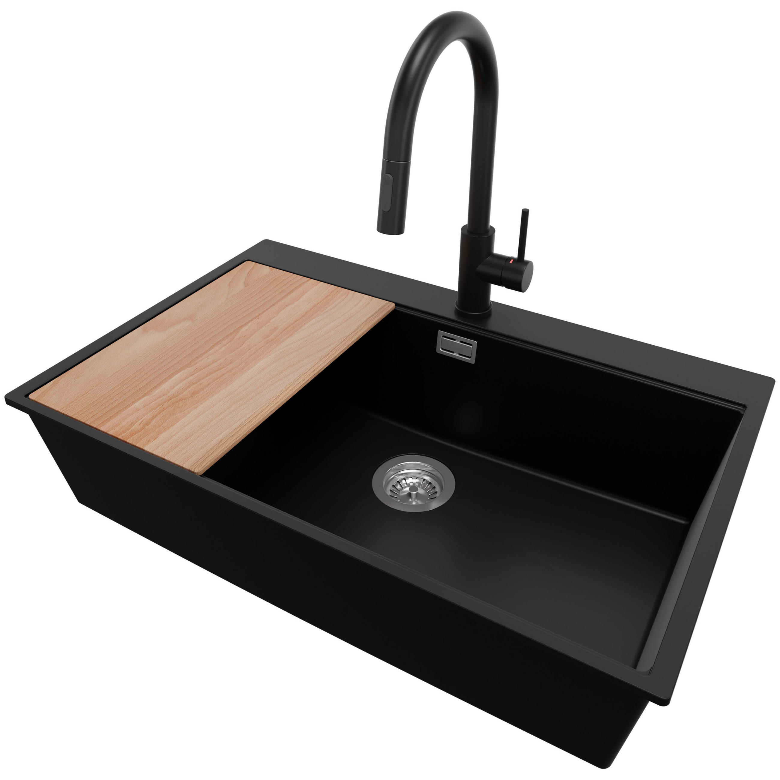 GRANITSPÜLE Oslo, 2-er set Schwarz 78/50 cm 1 Becken + Küchenarmatur 40/20 cm + Ablauf-Set + Schneidebrett ab 80er Unterschrank - Chromfarben/Beige, Kunststoff (78/20/50cm) - Primagran