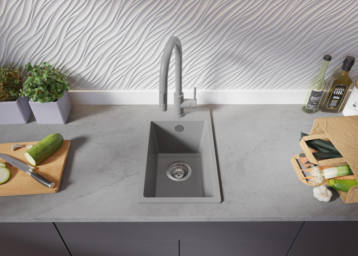 GRANITSPÜLE Riga, 2-er set Grau 28/50 cm 1 Becken + Küchenarmatur 38/14 cm + Ablauf-Set ab 30er Unterschrank - Grau, Kunststoff (28/20/50cm) - Primagran