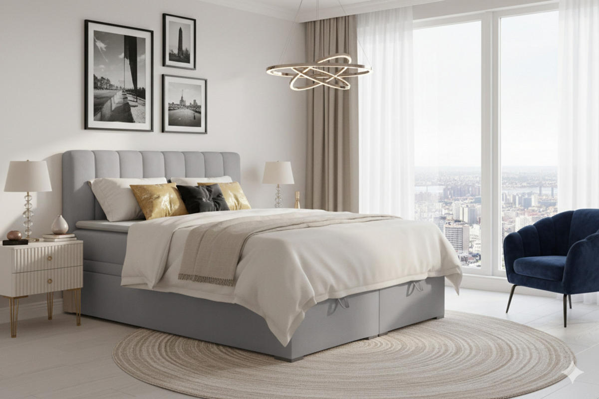 BOXBETT DAVID 200/200 Velour Hellgrau mit einer Matratze H4 - Hellgrau, Holz/Holzwerkstoff (200/200cm) - Deine Möbel 24