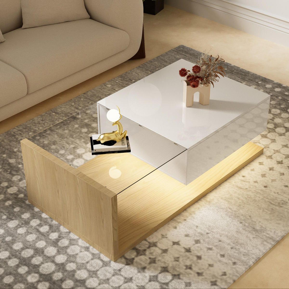 WOHNZIMMERTISCH Hochglanz 105x55x32 cm, Glasplatte, Ablagefach, Modern - Naturfarben, Holz (55/105/32cm) - PARAFTA HOME