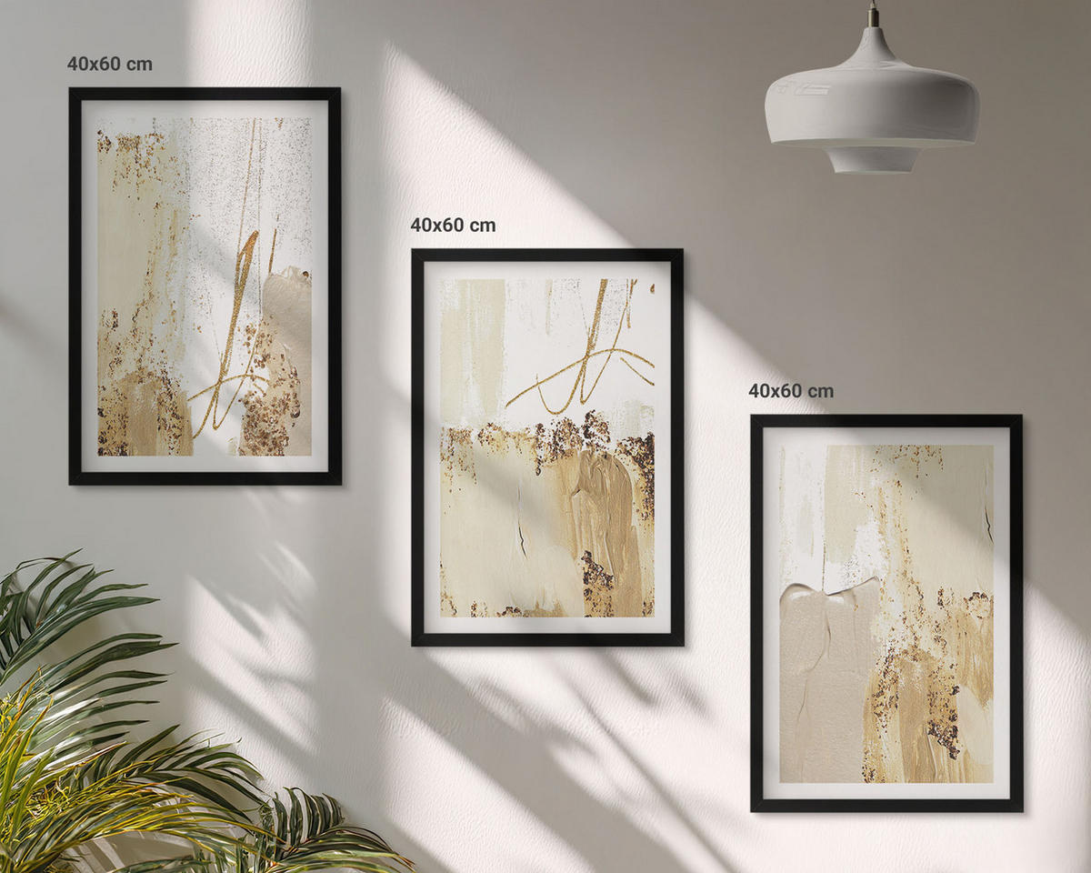BILDER SET 3er Set - 40x60 cm Schwarzer Rahmen - Abstrakte Muster beige weiß - Schwarz, Kunststoff (40/60cm) - TULUP
