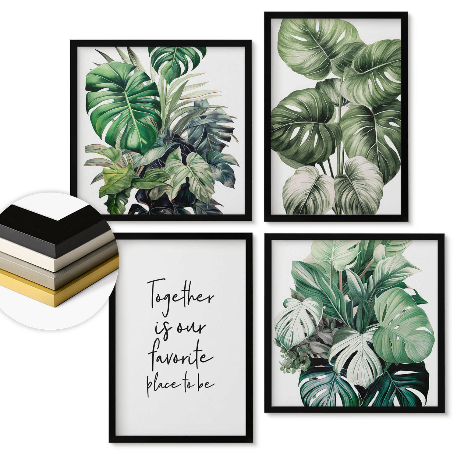 WANDBILDER 4er-Set - 50x50 cm & 40x60 cm Schwarzer Rahmen - Dekoration aus grünen tropischen Blättern - Schwarz, Kunststoff (50/50cm) - ArtPrintCave