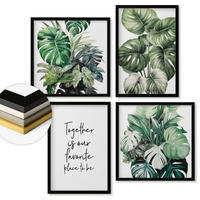 WANDBILDER 4er-Set - 50x50 cm & 40x60 cm Schwarzer Rahmen - Dekoration aus grünen tropischen Blättern - Schwarz, Kunststoff (50/50cm) - ArtPrintCave