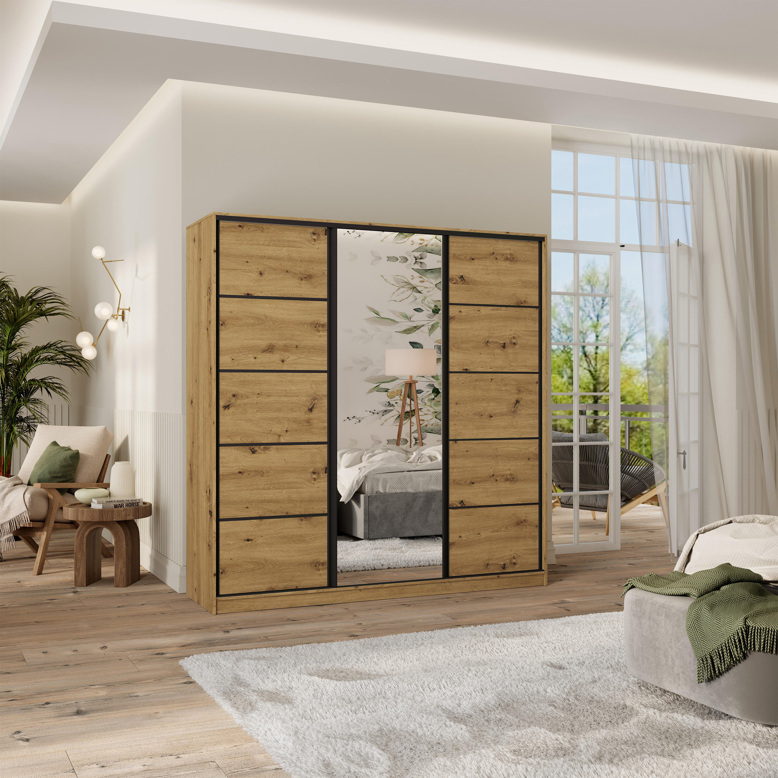 SCHWEBETÜRENSCHRANK PINA 180/205/58 cm 3-türig mit Spiegel und Schubladen Eiche Artisan - Schwarz/Eiche Artisan, Holzwerkstoff (180/205/58cm) - MASSENO