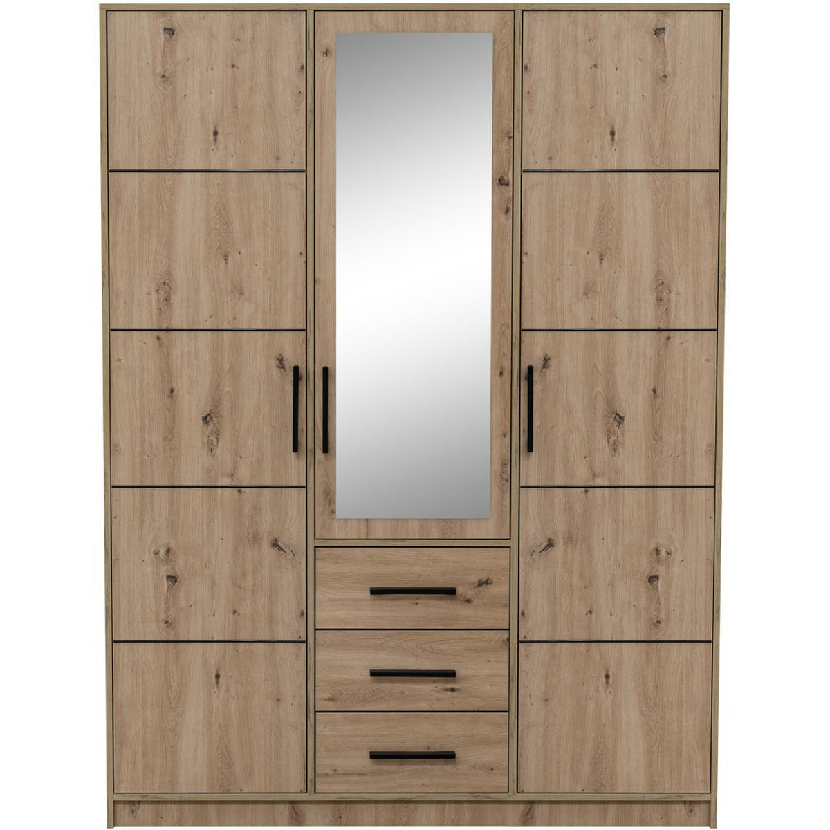 DREHTÜRENSCHRANK Kavo mit Spiegel und 3 Türen, eiche Sonoma - Schwarz/Sonoma Eiche, Holzwerkstoff (150/200/58cm) - Beautysofa