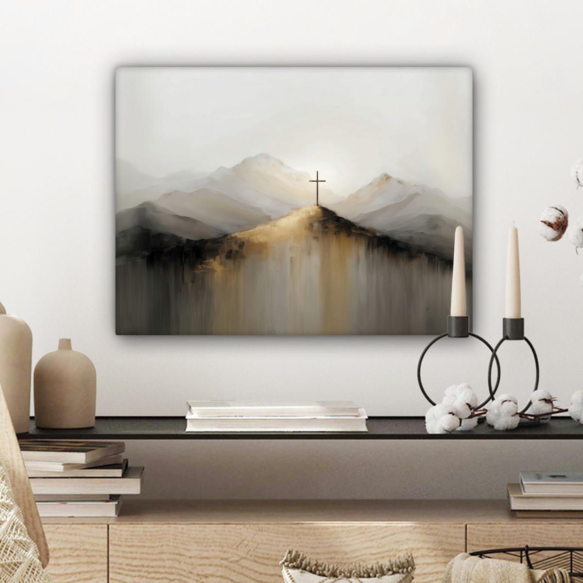 LEINWANDBILD Hügel - Abstrakt - Kreuz - Christentum Wandbild 40x30 cm - Beige, Textil (40/30cm) - MuchoWow
