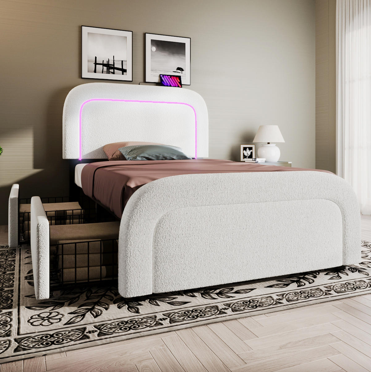BETT mit USB, LED und 2 Schubladen 90x200 cm Sherpa Weiß - Weiß, Metall (90/200cm) - Meubliv