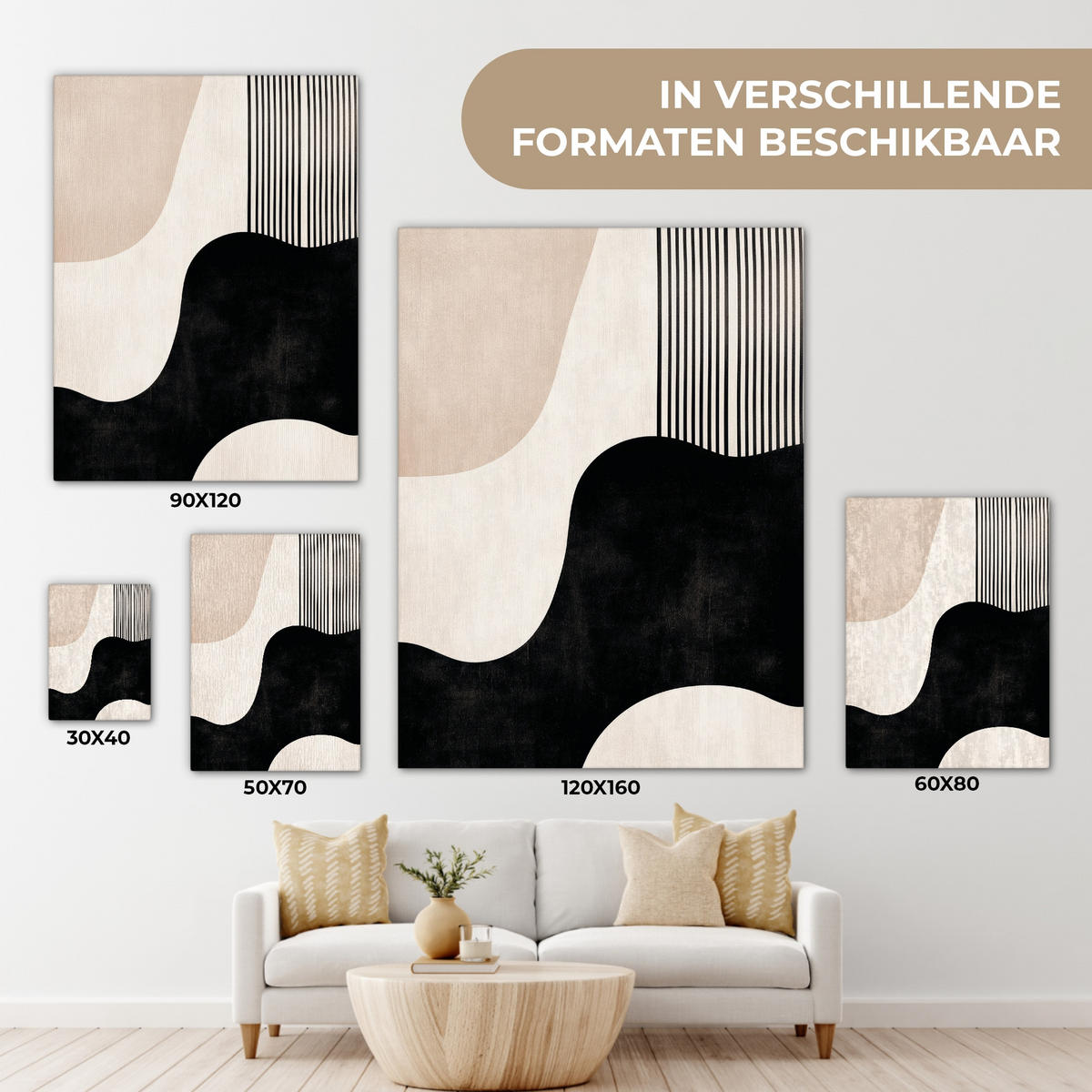 LEINWANDBILD Abstrakt - Japandi - Beige - Modern Room Decor 30x40 cm - Schwarz, Textil (30/40cm) - MuchoWow