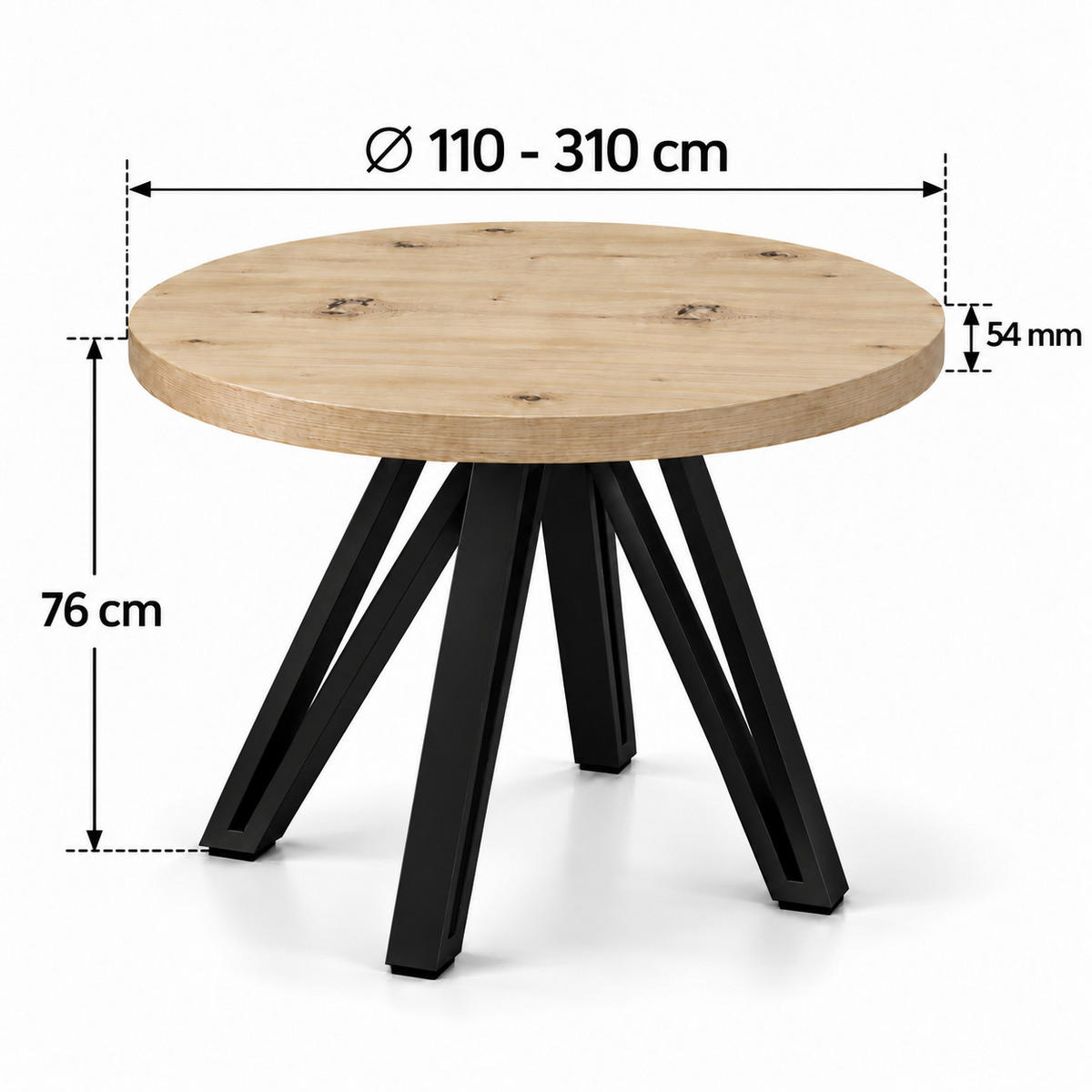 ESSTISCH rund ausziehbar 110/310/76 cm, Artisan Eiche, 54 cm Tischplatte + Industrial Metallgestell Schwarz - Schwarz/Eiche Artisan, Holzwerkstoff/Metall (110/310/76cm) - Damale Möbel