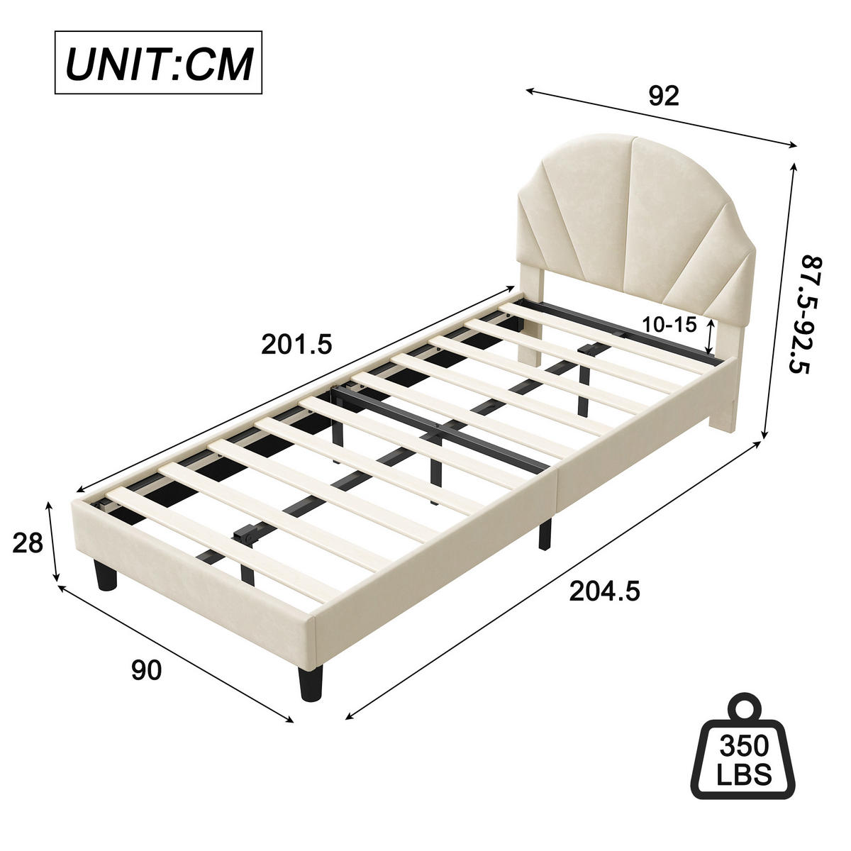 POLSTERBETT 90x200cm Beige Mit Verstellbarem Kopfteil, Jugendbett - Beige, Holz (90/200cm)