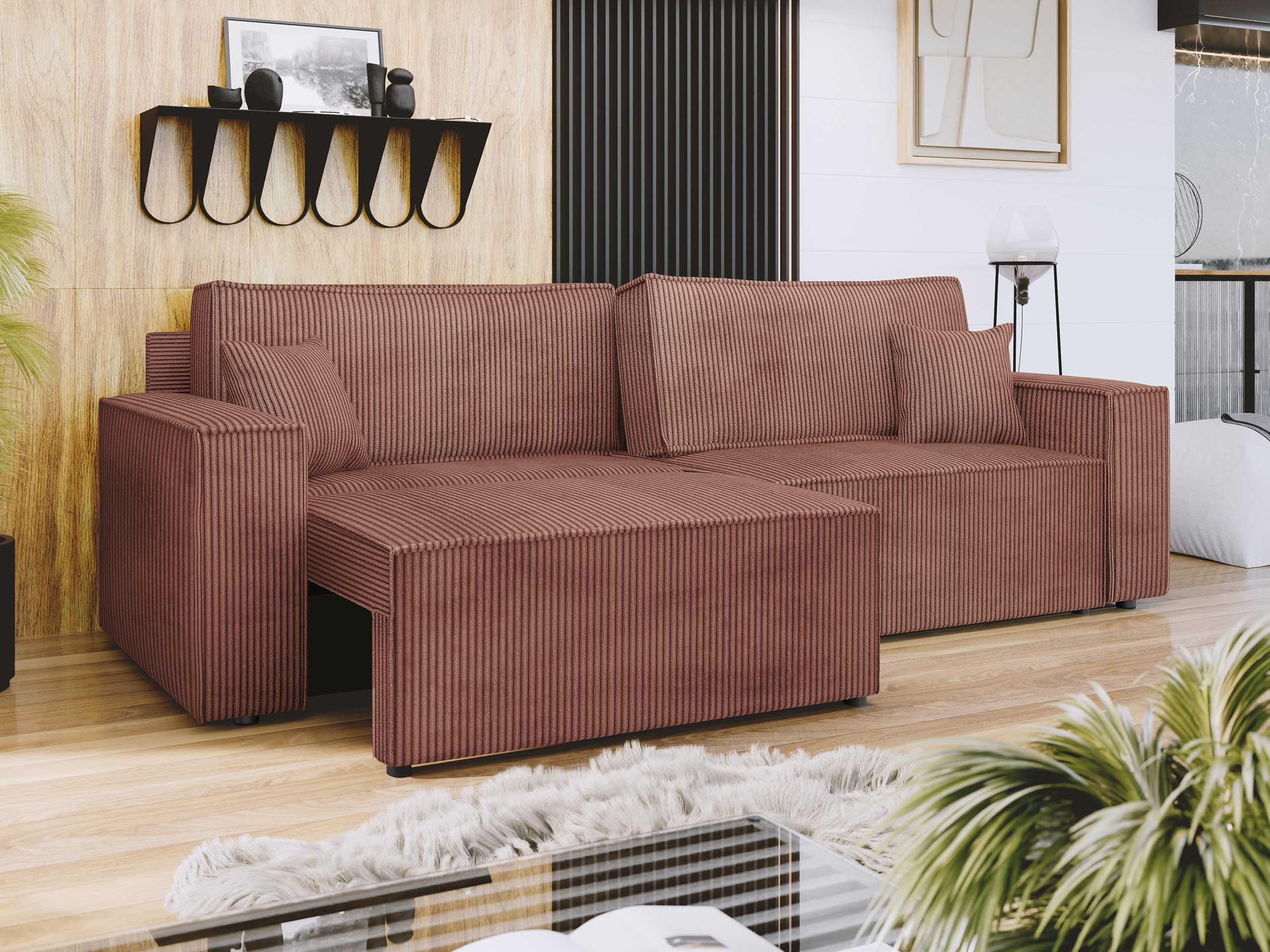 SCHLAFSOFA Karl Cord mit L-Funktion - Schwarz/Rosa, Holz/Kunststoff (245/82/139cm) - MIRJAN24