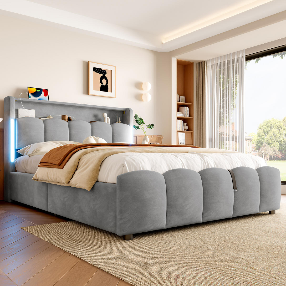 POLSTERBETT 140x200cm Grau Samt LED-Licht Kopfteil Hydraulik USB-C - Grau, Holz (140/200cm) - FLIEKS