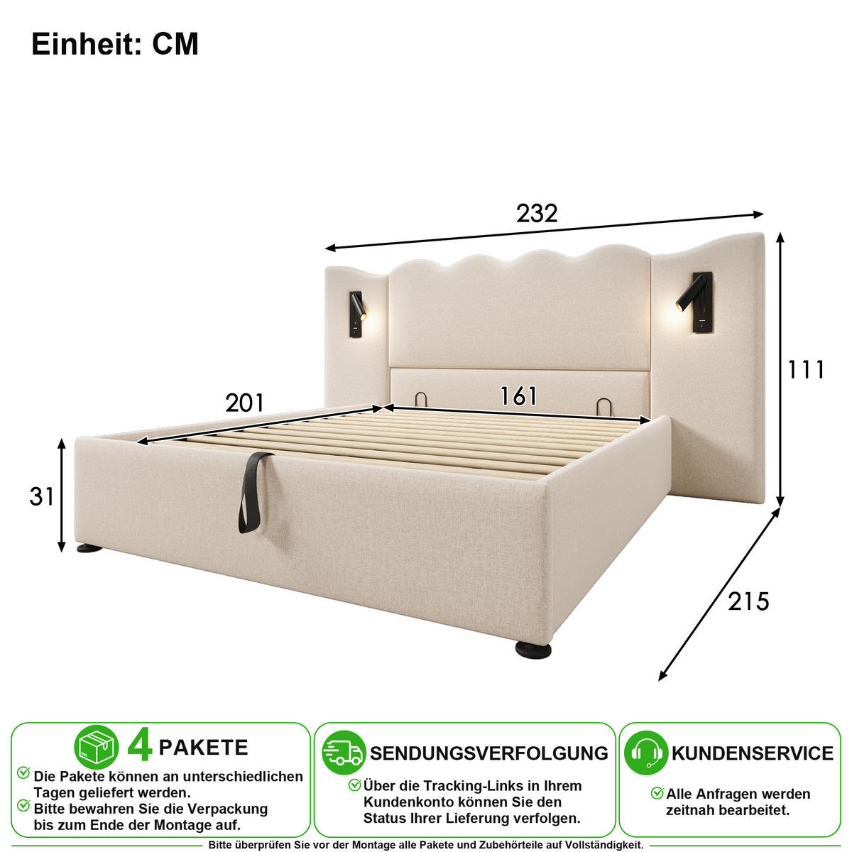 POLSTERBETT 160/200 cm in Beige Leinen mit Stauraum, Leselampe und Matratze - Beige, Holzwerkstoff/Textil (160/200cm) - CHICFURN