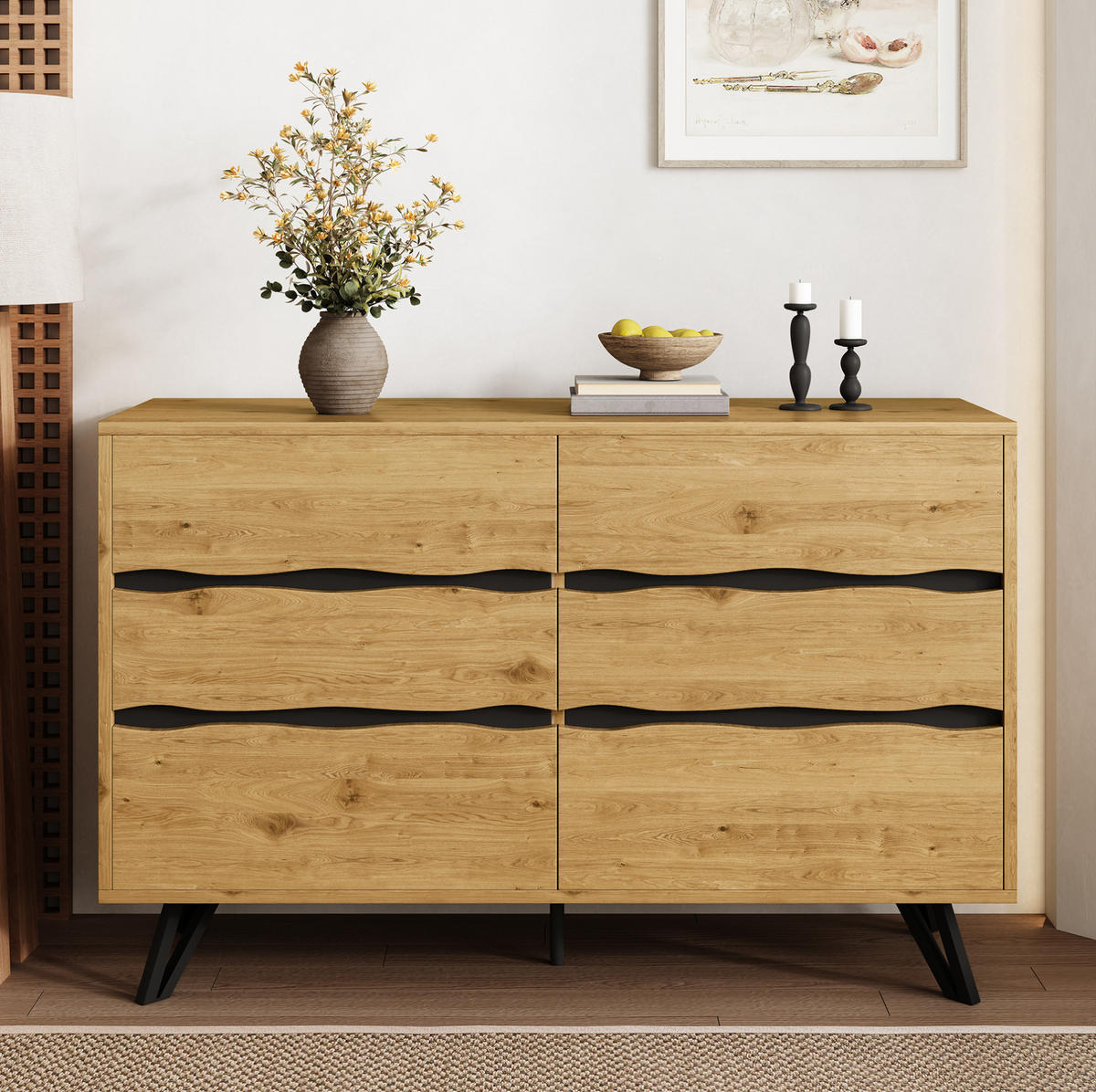 SIDEBOARD mit 6 Schubladen, Holzoptik mit wellenförmigen Fronten und schwarzen Metallfüßen, 120/40/75,5 cm,Naturfarben - Naturfarben, Holzwerkstoff (120/75.5/40cm) - Redom