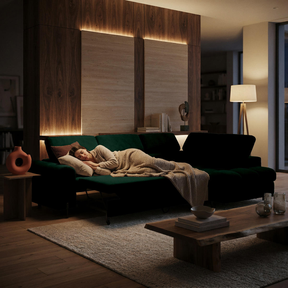 ECKSOFA BOWL L Rechts mit Schlaffunktion 125x195 Velours Grün - Schwarz/Grün, Holz/Textil (195/260cm) - Muffo