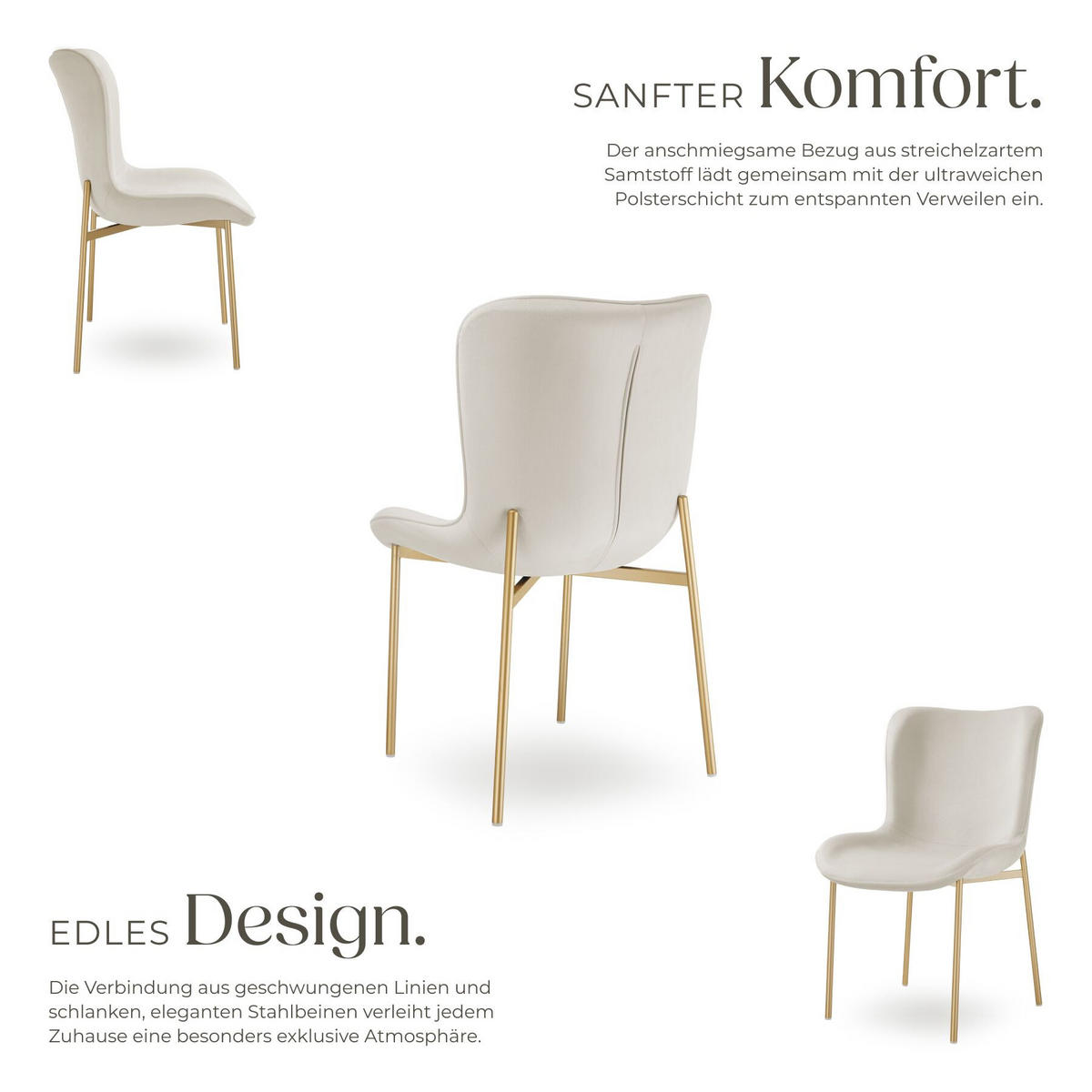 POLSTERSTUHL 4er Set Tessa 54 x 62 x 90 cm Samt beige/gold - Goldfarben/Samtahornfarben, Textil (54/90/62cm) - tectake