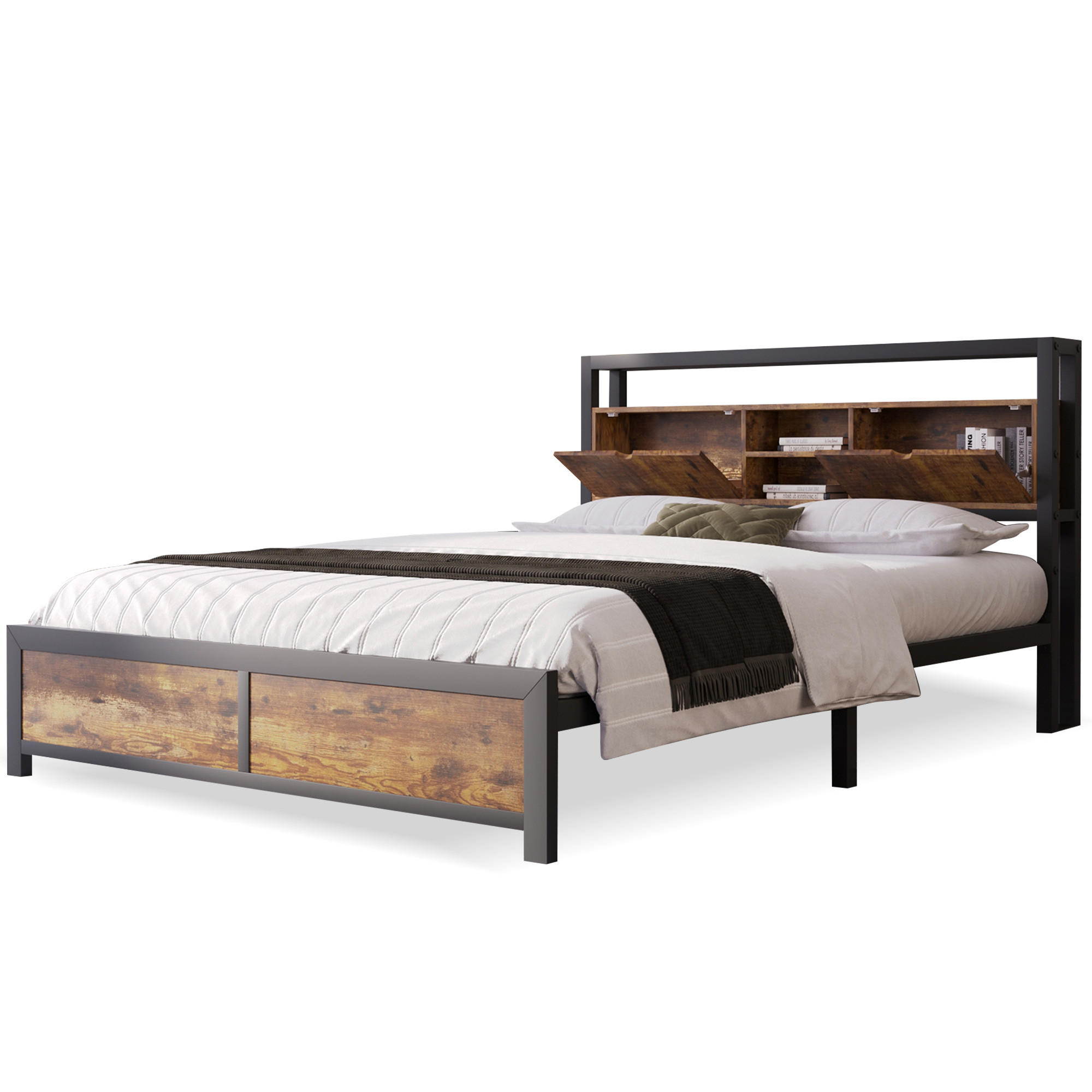 BETT 140/200 cm mit Stauraum und Holzmaserung - Naturfarben, Metall (140/200cm) - OKWISH