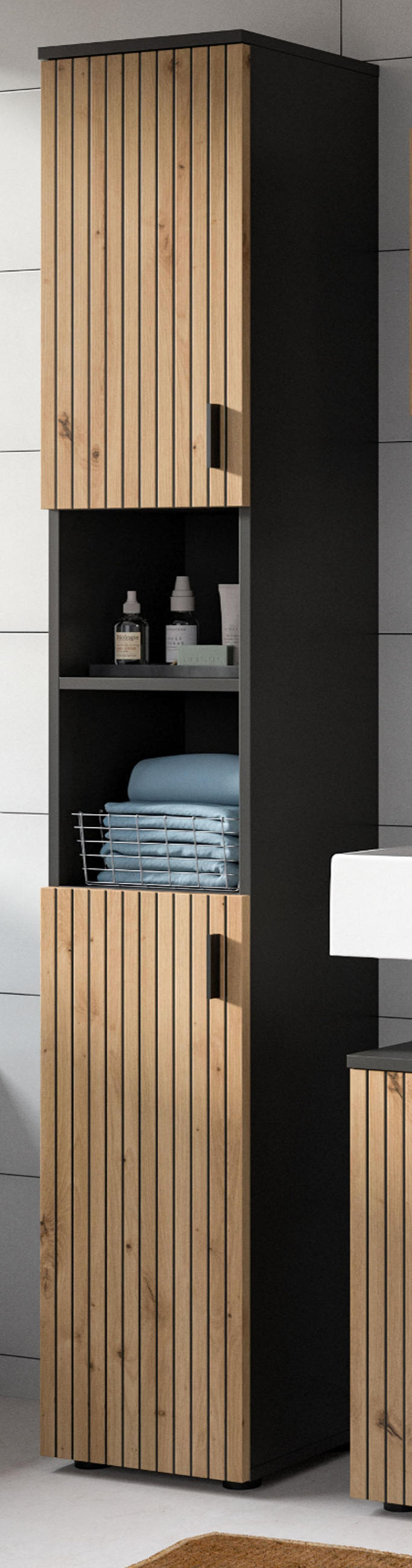 HOCHSCHRANK Eiche Artisan, grau 30 x 192 cm, Badschrank mit 6 Fächern - Schwarz/Eiche Artisan, Holzwerkstoff/Kunststoff (30/192/30cm) - Inn.Furn