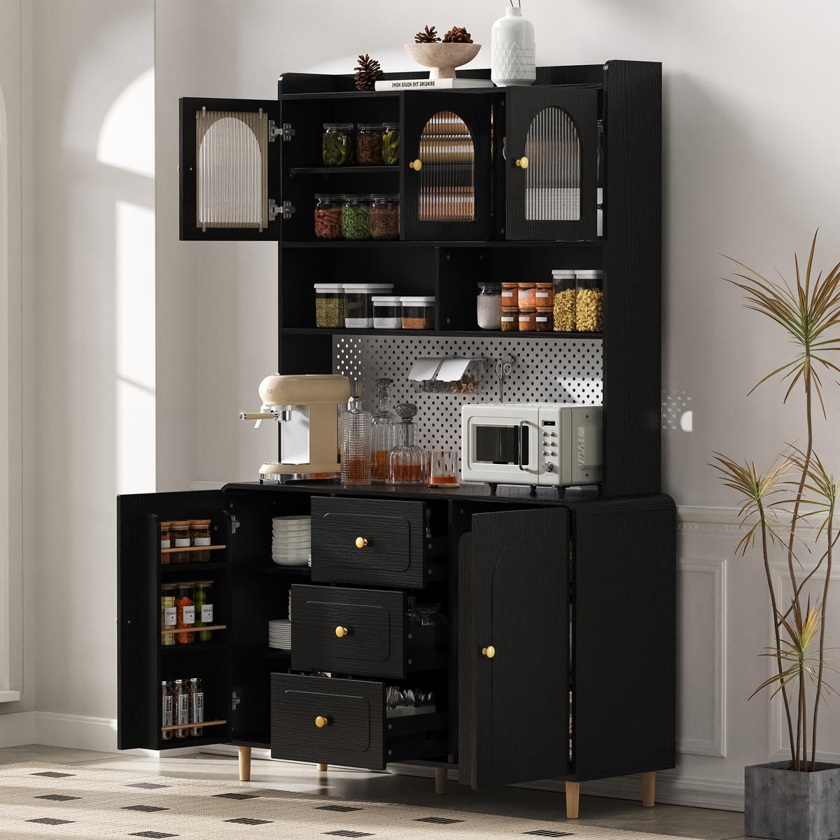 HIGHBOARD in Schwarz Küchenschrank mit Lochbrett und Schubladen für Esszimmer und Küche, B120/T40/H190 cm - Schwarz/Naturfarben, Glas/Holz (120/190/40cm) - STILVORA