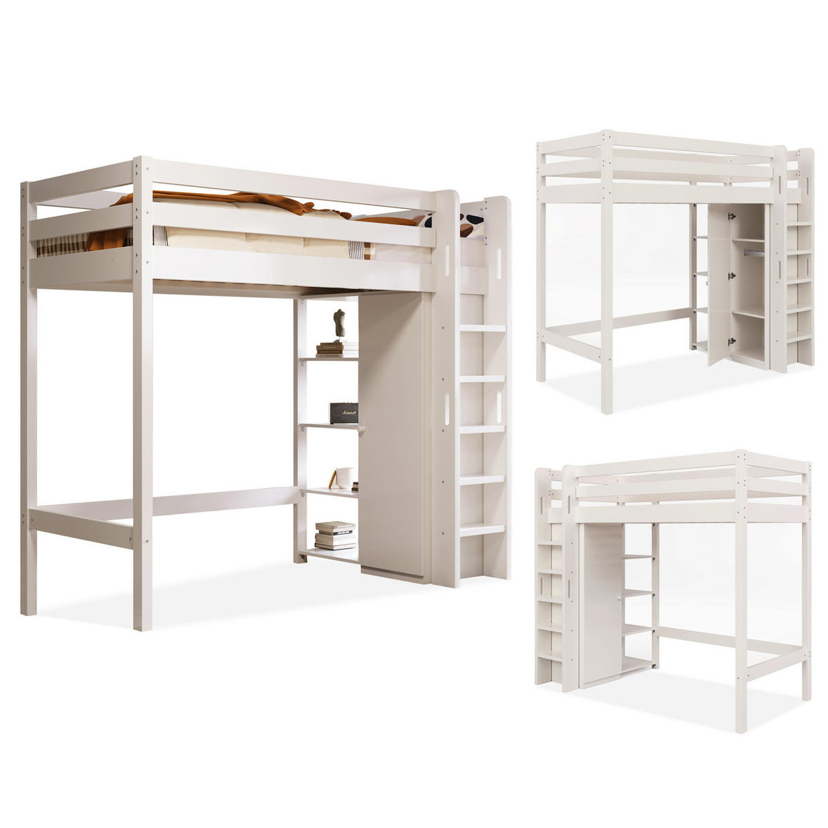 KINDEREINZELBETTEN aus Spanplatte & Massivholz 90x200 cm in Weiß mit Kleiderschrank - Weiß, Holzwerkstoff (90/200cm) - Modfu